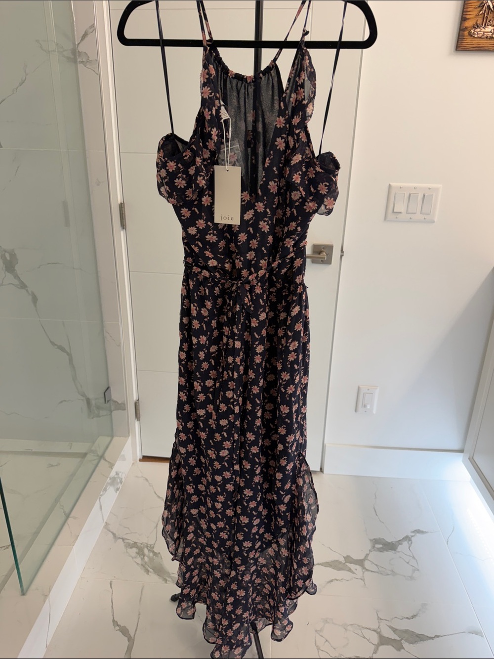 Joie Black jump suit with Pink Floral Print and Ruffle Hem Ptp 23” NEW !
